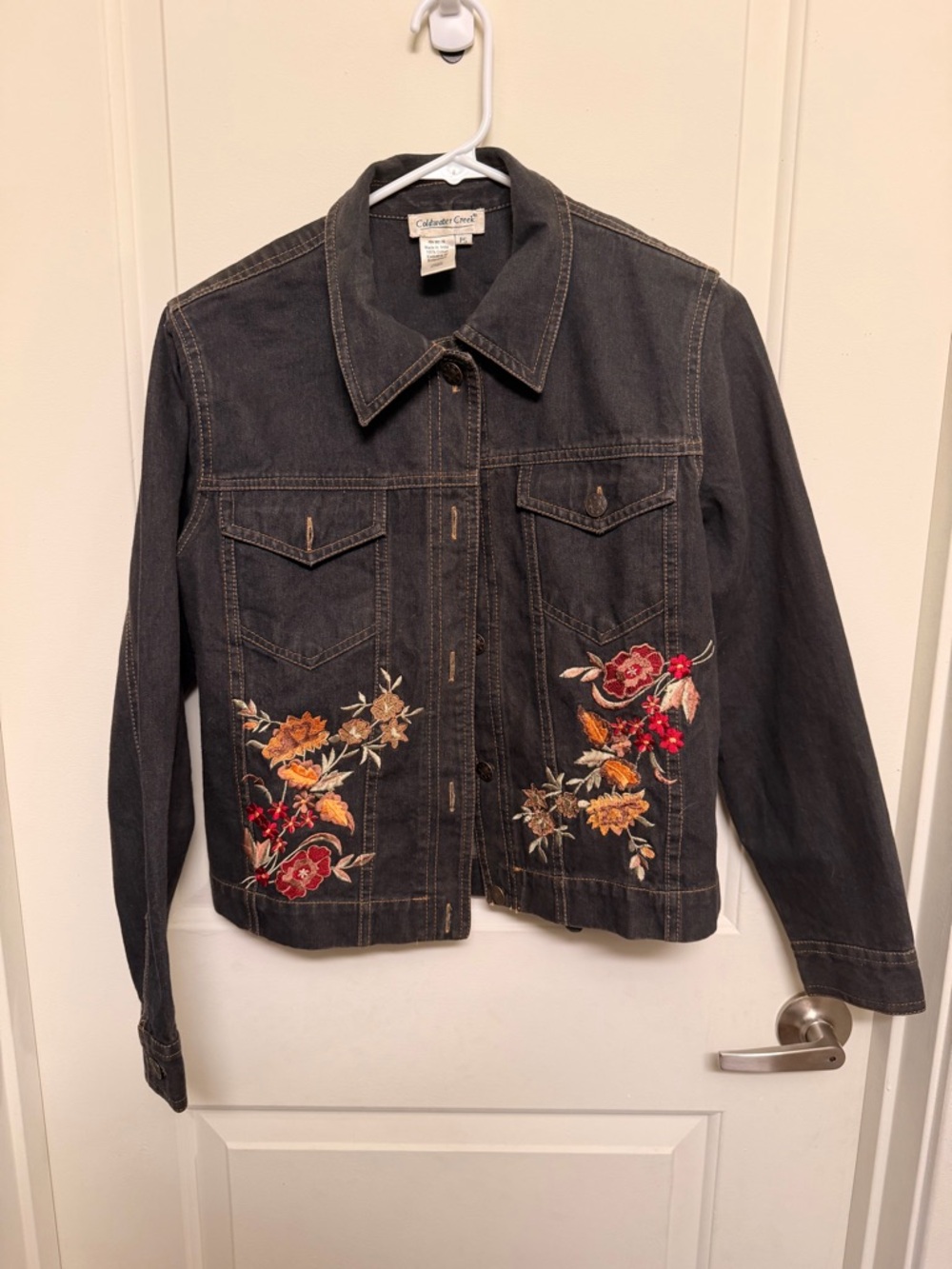Coldwater Creek Black Denim Jacket with Red & Orange Floral Embroidery